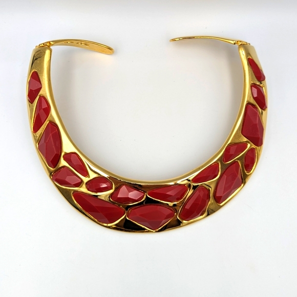 Kenneth Jay Lane KJL gold tone hinged bib collar necklace &...